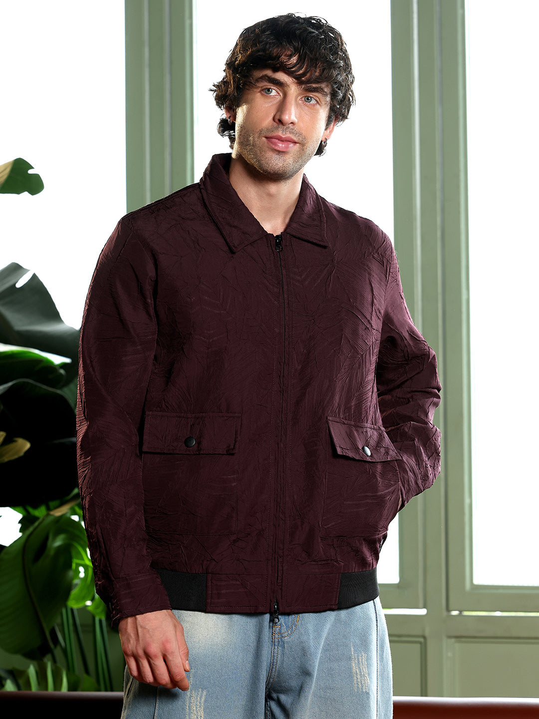 Zip-Front Foliage-Tactile Bomber Jacket