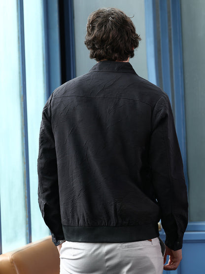 Zip-Front Foliage-Tactile Bomber Jacket