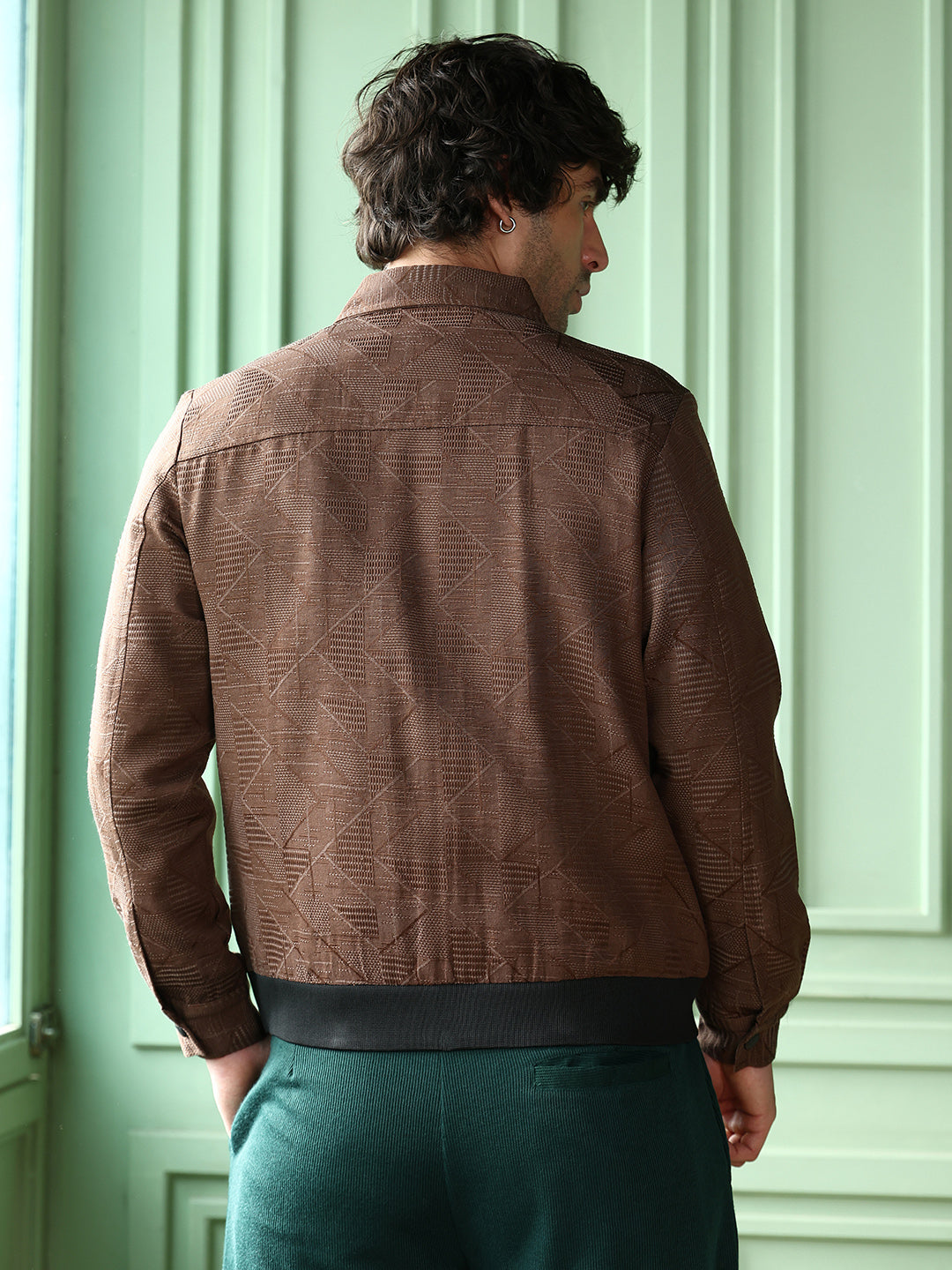 Geometric-Jacquard Zip-Front Jacket
