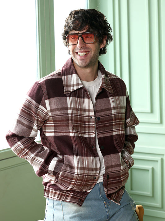Brushed-Plaid Bomber Jacket