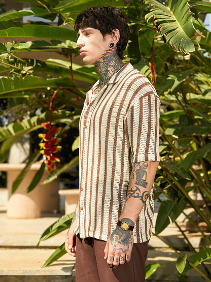 Striped Open-Knit Oversized Shirt