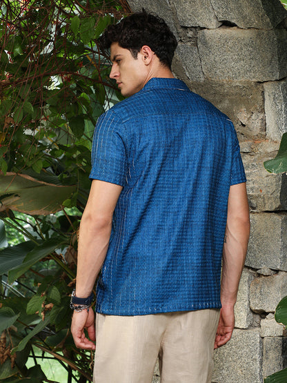Electric Blue Dye-Textured Cuban Oversized Shirt