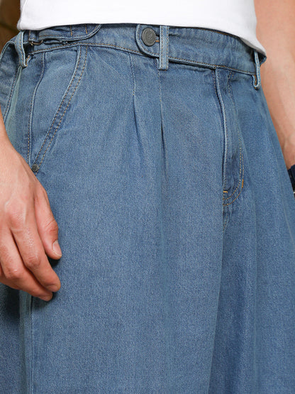 Indigo Blue Mid-Wash Pleated Denim Jeans