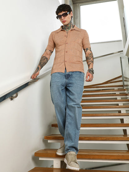 Mens Light Brown Textured Button-Down Shirt