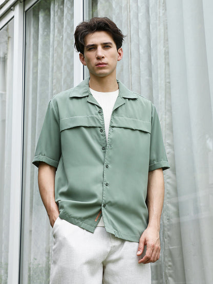 Sage Green Cuban Collar Relaxed Fit Shirt For Men