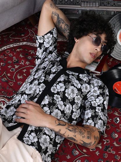 Bloom-Imprint Cuban-Polo Shirt
