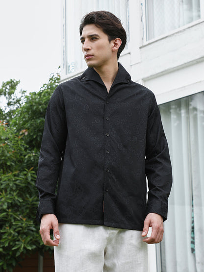 Black Floral Self Design Full Sleeve Shirt
