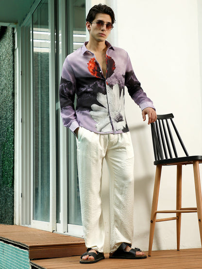 Purple Floral Printed Rayon Shirt With Spread Collar