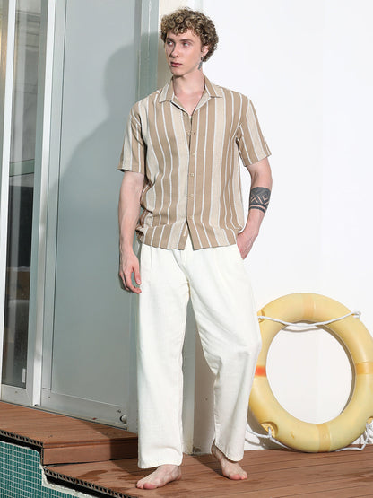 Beige Striped Cuban Collar Shirt