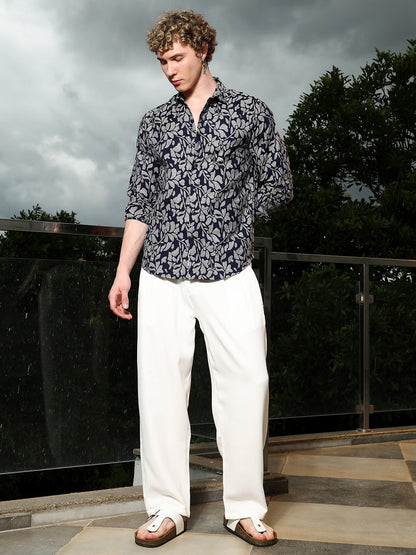 Dark Blue Floral Cotton Poly Casual Shirt
