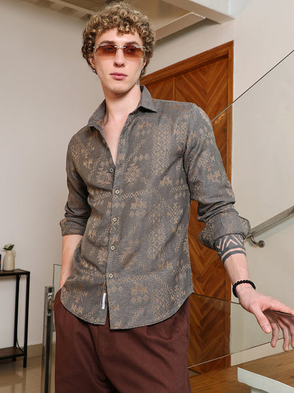 Grey Ethnic Motif Full Sleeve Shirt