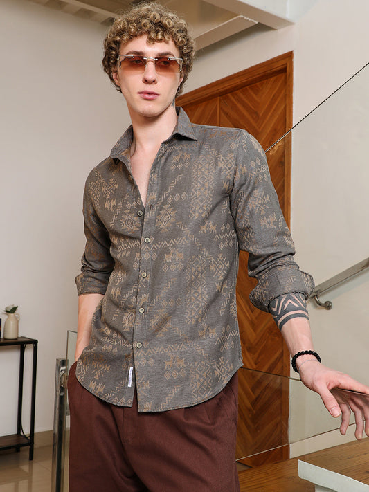 Grey Ethnic Motif Full Sleeve Shirt