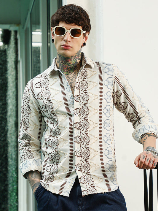 Off White Self Design Cotton-Poly Blend Full Sleeve Shirt