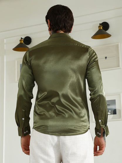 Olive Green Polyester Slim Fit Shirt