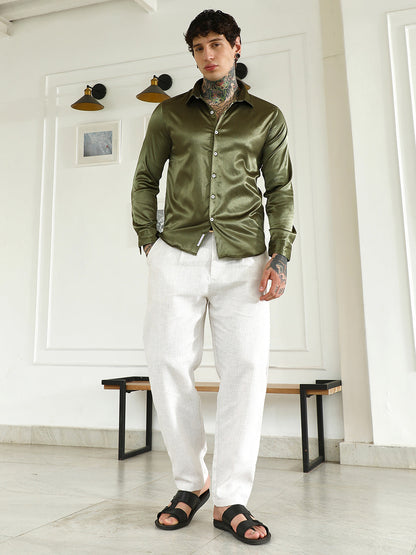Olive Green Polyester Slim Fit Shirt
