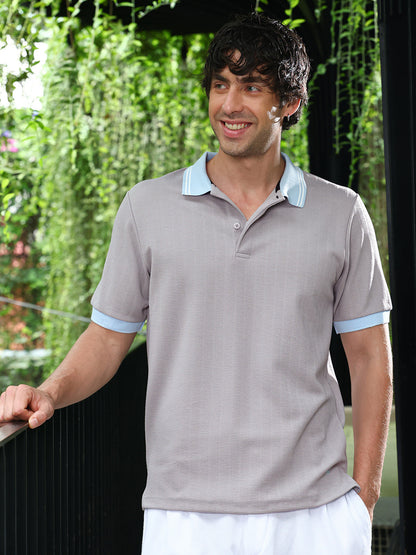Chevron Panel-Tactile Knit Polo T-Shirt