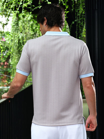 Chevron Panel-Tactile Knit Polo T-Shirt