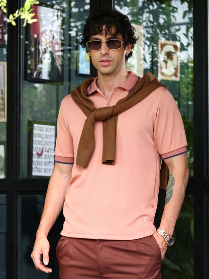 Contrast-Lined Ribbed Polo T-Shirt