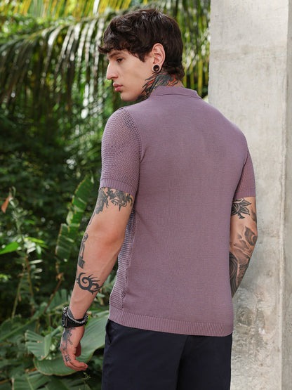 Spiral-Panel Open-Knit Polo T-Shirt