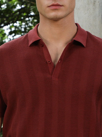 Rust Red Candy Stripe-Knitted Polo T-Shirt