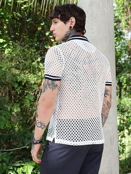 Open-Knit Block Polo T-Shirt