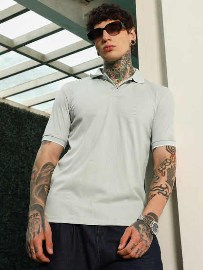 Light Green Textured Polo T-Shirt - Slim Fit, Breathable Poly-Spandex Blend
