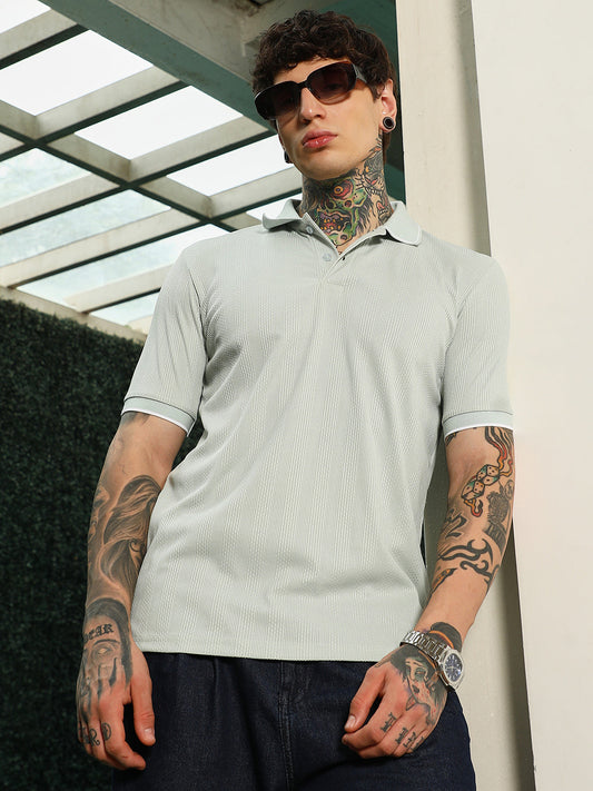 Light Green Textured Polo T-Shirt - Slim Fit, Breathable Poly-Spandex Blend
