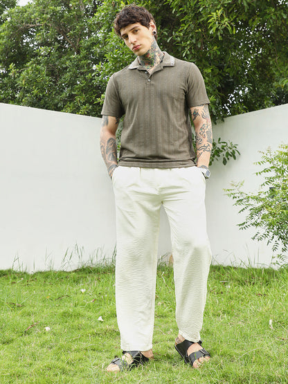 Olive Green Textured Polo T-shirt for Men