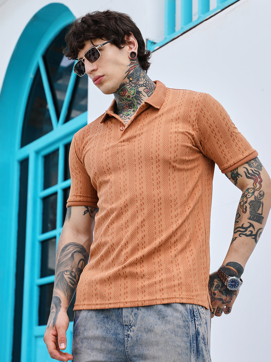 Geometric-Folk Knitted Polo T-Shirt