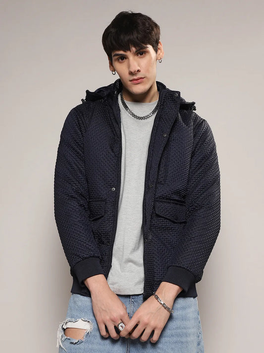 Self-Design Diamond Puffer Jacket With Fleece Hood