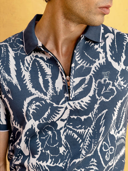 Men's Navy Blue Abstract Floral Printed Zippered Polo T-Shirt